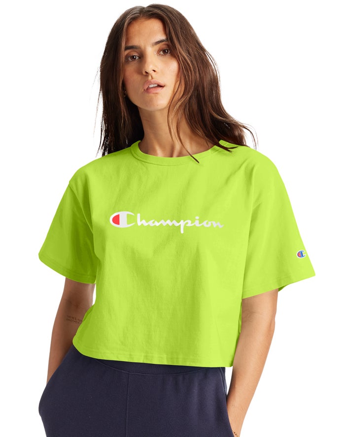 Champion Dame T-Shirts Grøn - Heritage Cropped Script Logo - Danmark FTY-754168